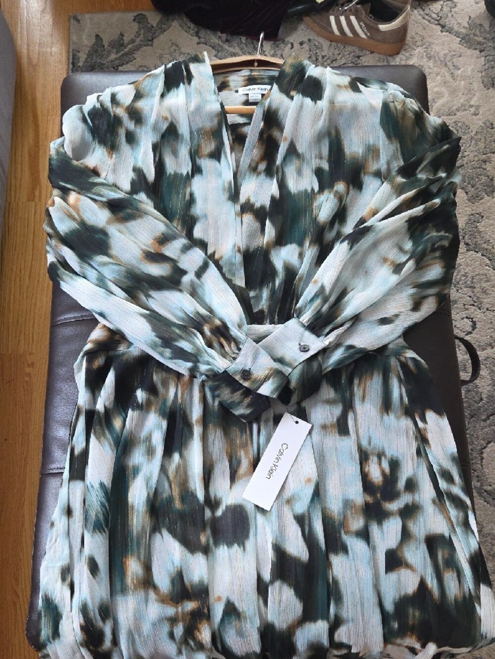 Calvin Klein Long-Sleeve Abstract Gold and Green Wrap Dress